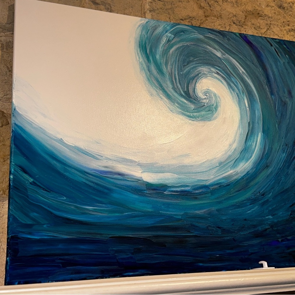 18x24 Hand painted acrylic art painting ocean beach wave in shades of blue - Picture 6 of 8
